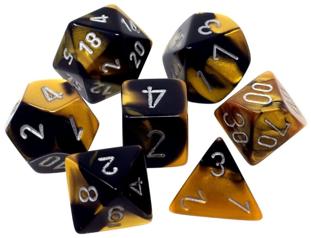 Dés en boite Gemini Black-Gold w/silver