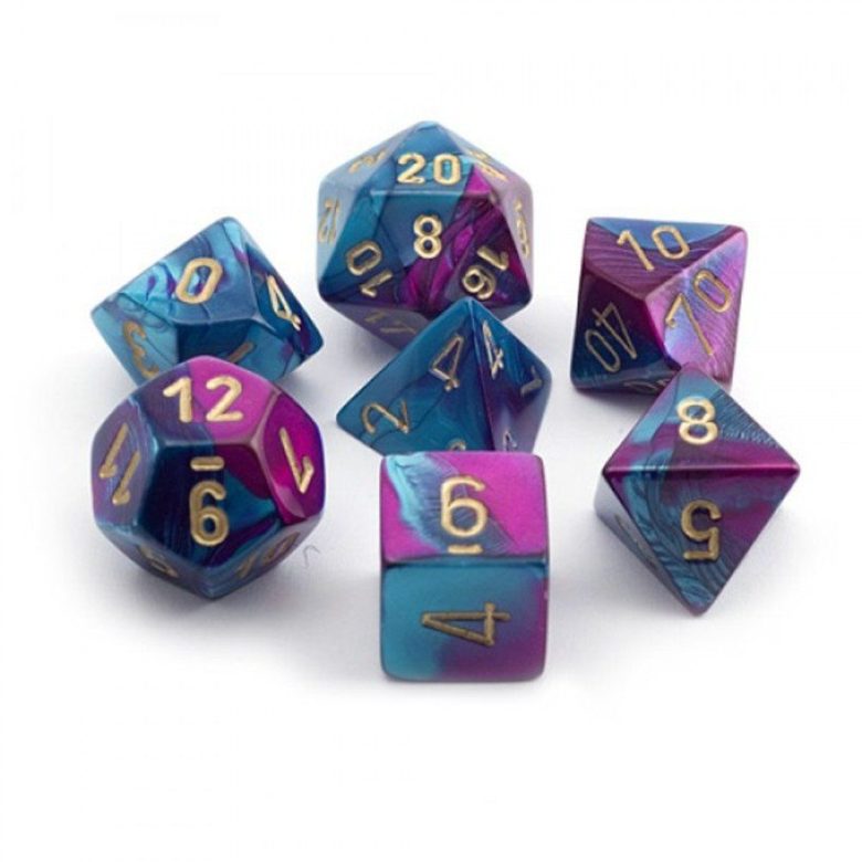 Dés en boite Gemini Purple-Teal w/gold
