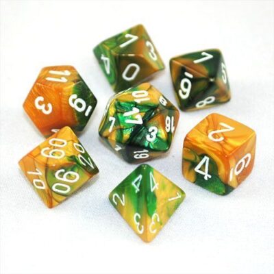 Dés en boite Gemini Gold-Green w/white