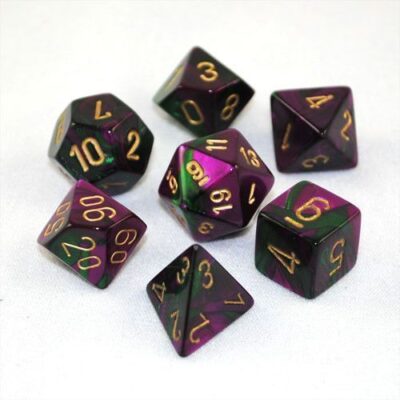 Dés en boite Gemini Green-Purple w/gold