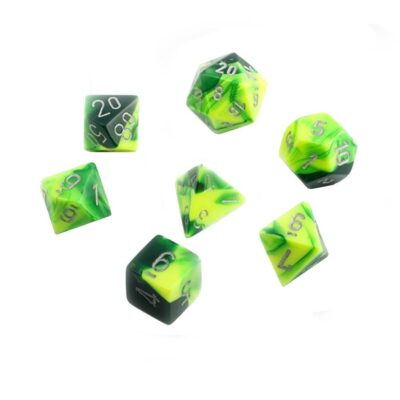 Dés en boite Gemini Green-Yellow w/silver