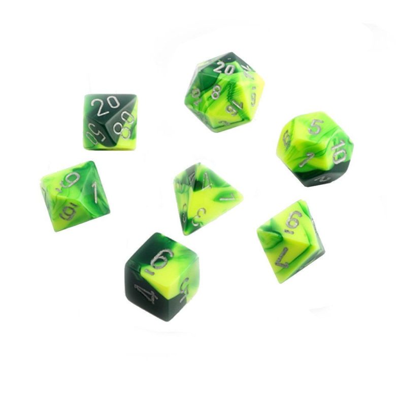 Dés en boite Gemini Green-Yellow w/silver