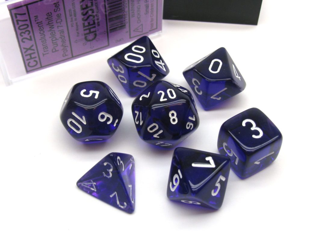 Dés en boite Translucent Purple w/white