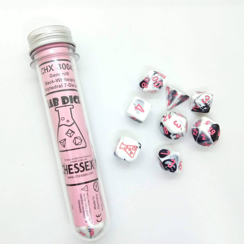 Dés en boite Lab Gemini Black-White w/pink