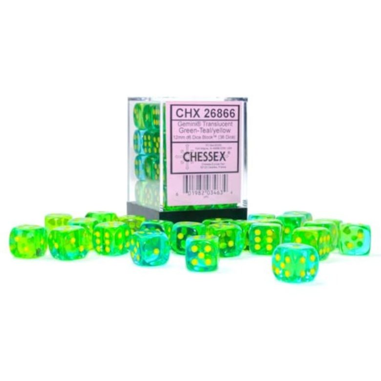 Boite de 36d6 Translucent Gemini Green-Teal w/yellow